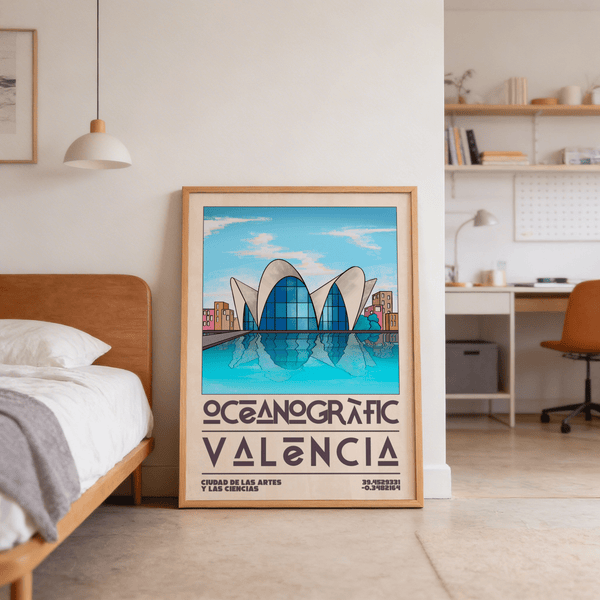 Curved white roofs illustration reflecting on calm blue water