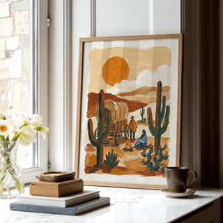 Southwest scene Desert Wagon Art Print in brown and green for office wall art
