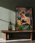 Peaceful Frida Kahlo painting in garden setting with pink wall and green leaves.
