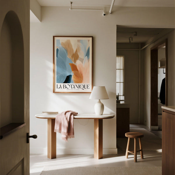 Large blue pink wall art with orange, ivory, and blue tones