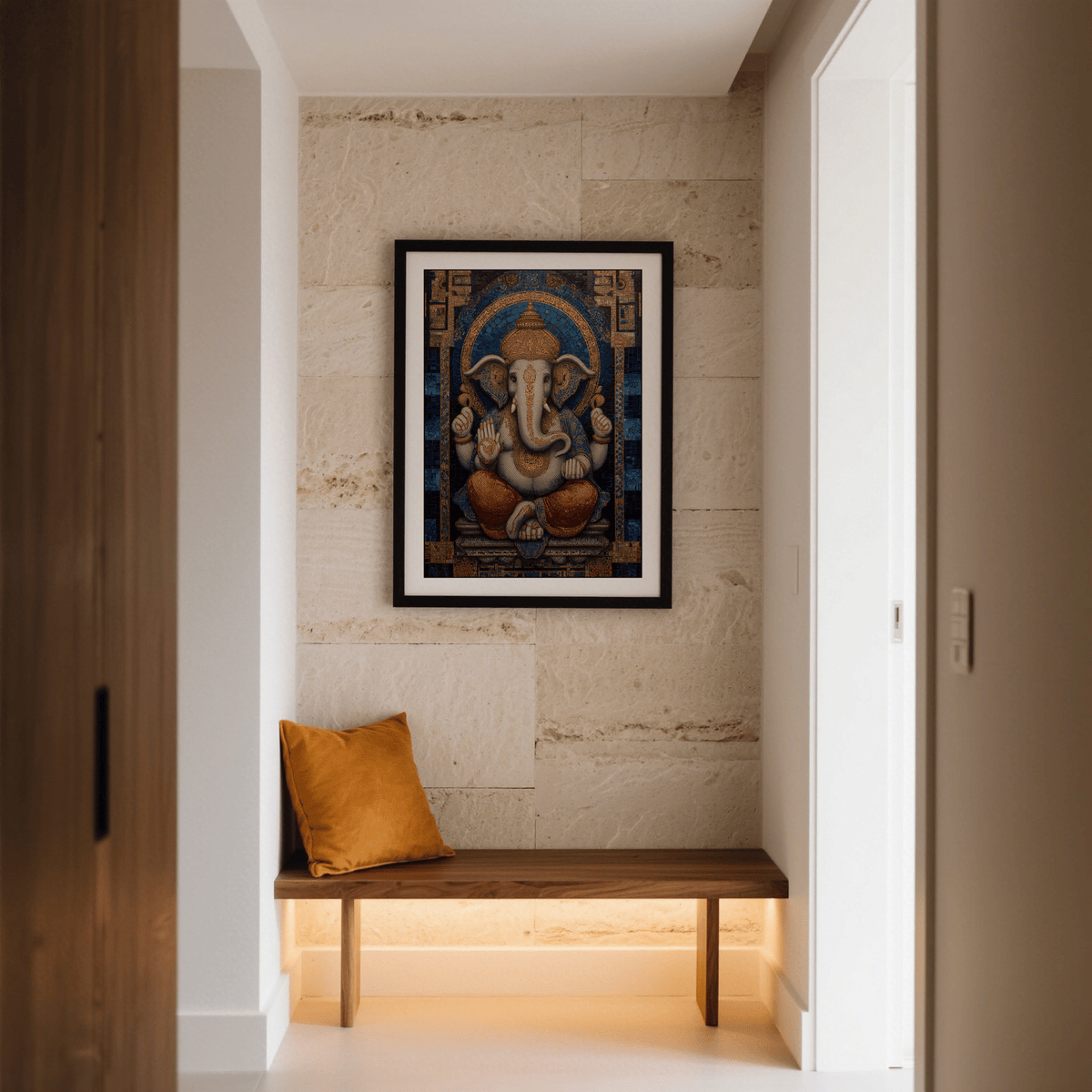 Close-up of Ganesha wall art poster highlighting crown filigree and tile lines