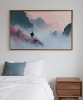 Samurai Mountain Wall Art featuring pink cherry blossoms and gray landscape for hallway
