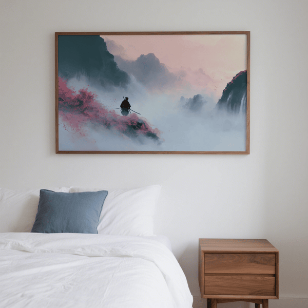 Samurai Mountain Wall Art featuring pink cherry blossoms and gray landscape for hallway