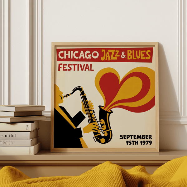Bright Chicago Blues Print in Red and Yellow for entertainment room art