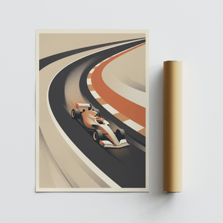 Retro-style race track wall art poster featuring an open-wheel car seen from above