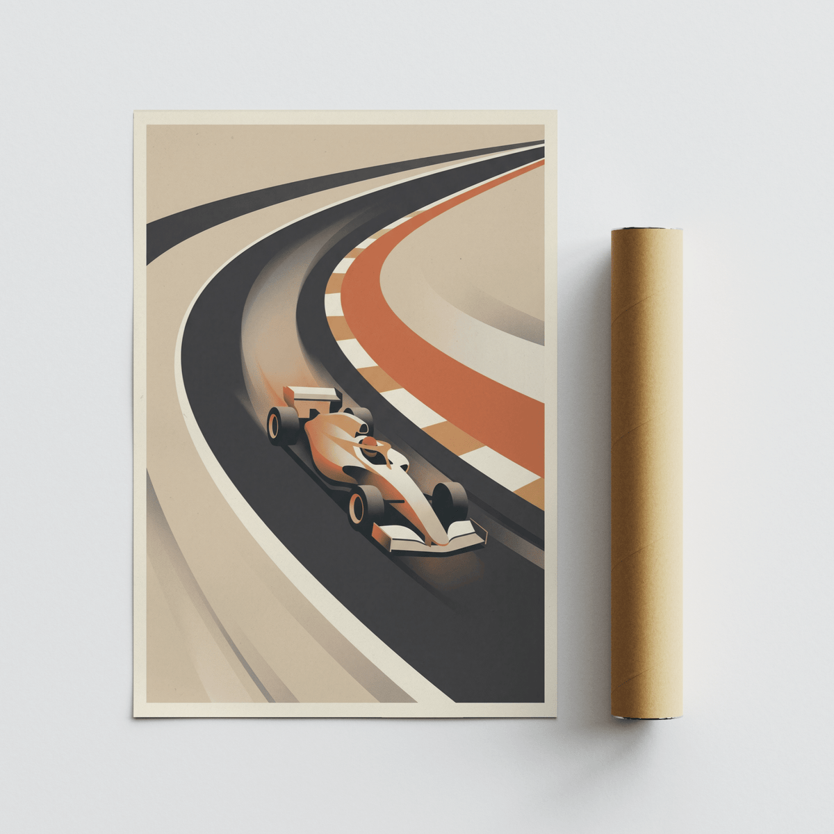 Retro-style race track wall art poster featuring an open-wheel car seen from above
