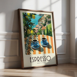 Italian Kitchen Painting with espresso cups and Amalfi coast view