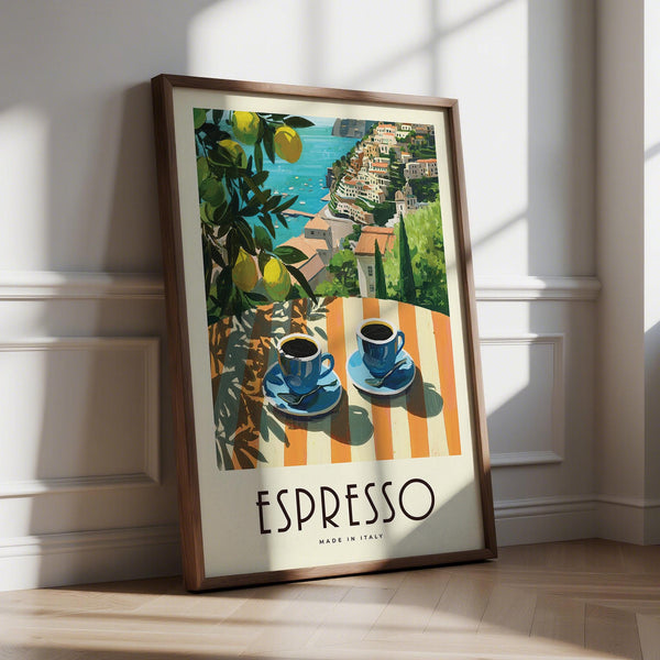 Italian Kitchen Painting with espresso cups and Amalfi coast view