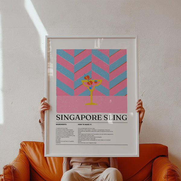 Singapore Sling drinks art print with pink and blue chevron background


