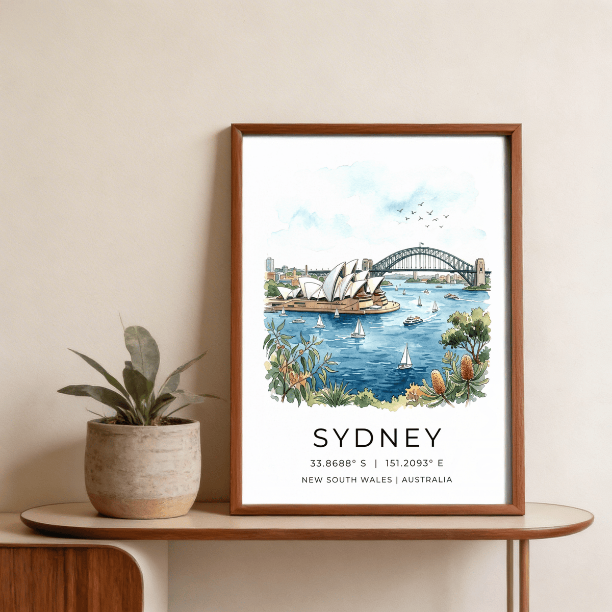 Sydney Watercolor Art Print featuring pastel washes, shoreline foliage and ferries