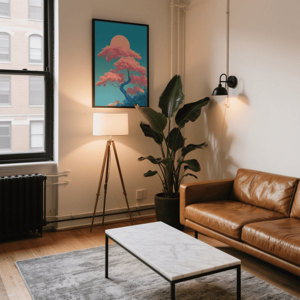 Japanese Cherry Blossom Print with pink tree and blue sky for serene lounge wall art