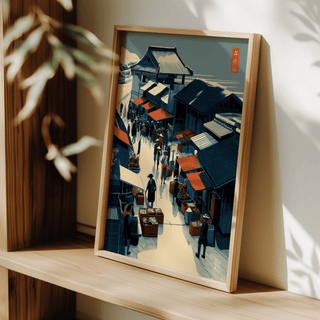 Illustrated Asian Market Wall Art poster with figures and vendor stands