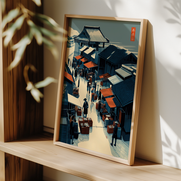 Illustrated Asian Market Wall Art poster with figures and vendor stands