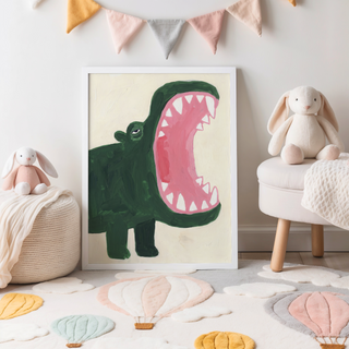 Whimsical crocodile print featuring open jaws, triangle teeth, and simple shapes