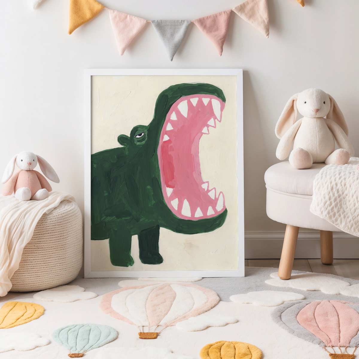 Whimsical crocodile print featuring open jaws, triangle teeth, and simple shapes
