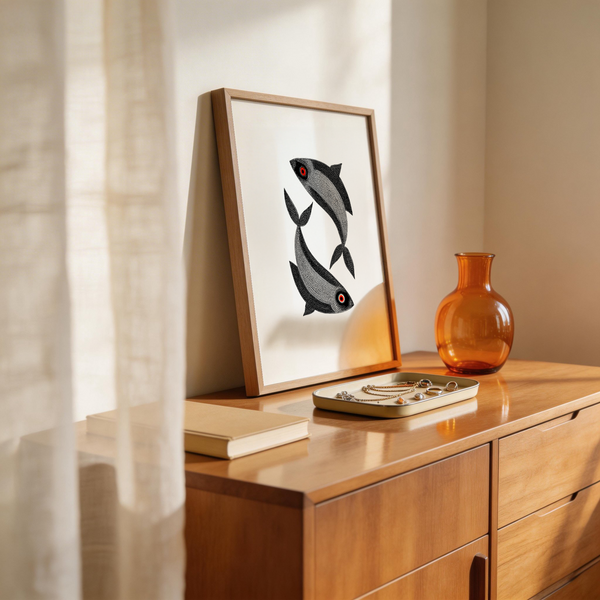 Madhubani Fish Wall Art print with folk patterns in black and orange