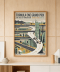 Close-up Formula One Poster print with S-curve roadway, arrows, and a classic race car