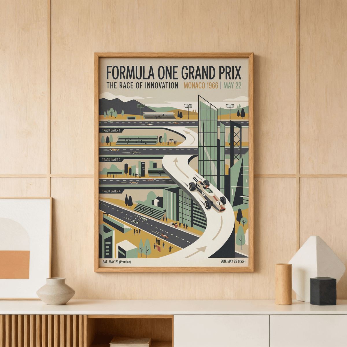 Close-up Formula One Poster print with S-curve roadway, arrows, and a classic race car