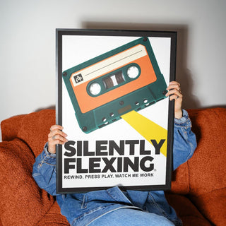 Graphic art print of cassette tape with bold “Silently Flexing” text.