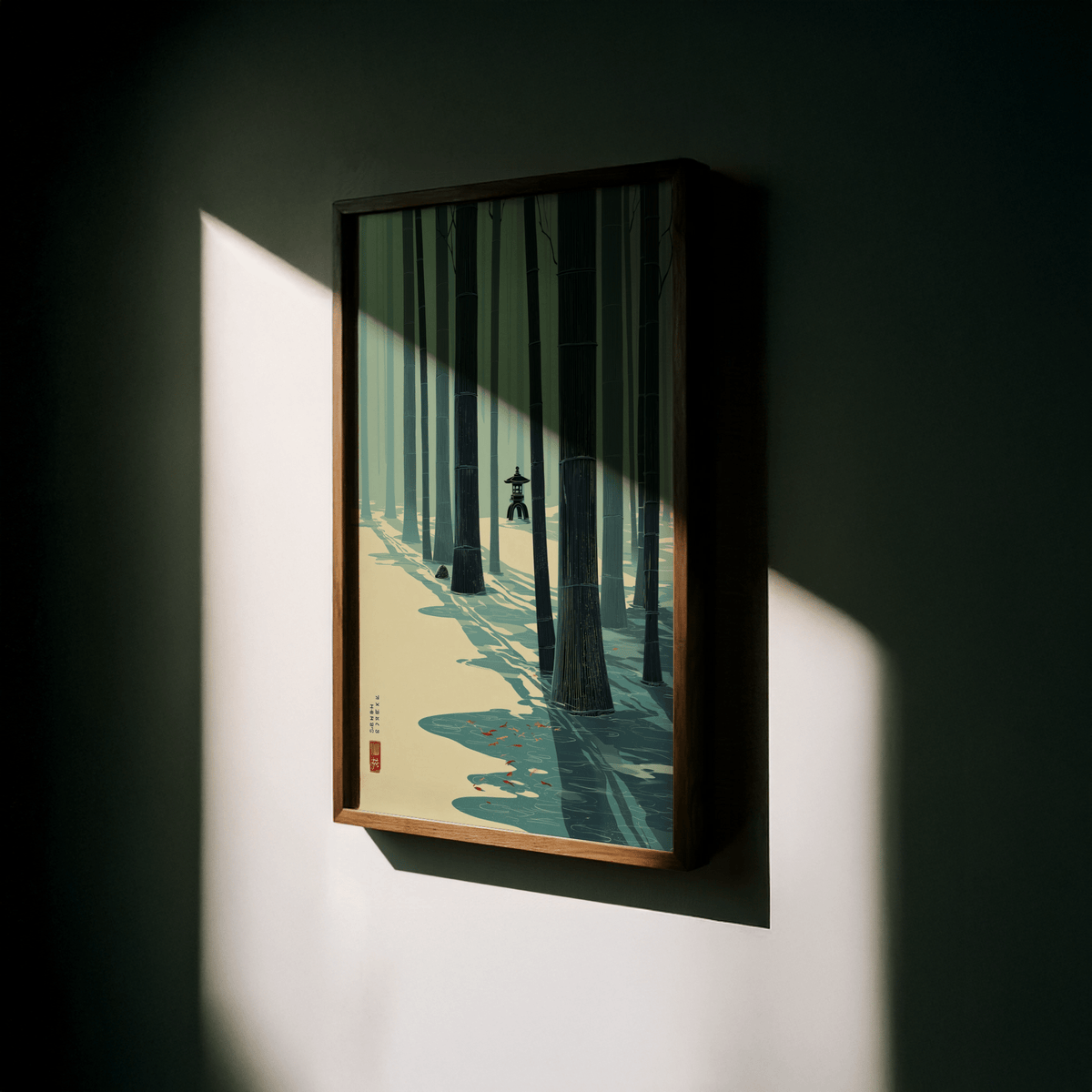 Layered bamboo trees poster print with small shrine lantern in background