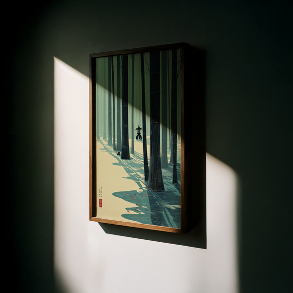 Layered bamboo trees poster print with small shrine lantern in background