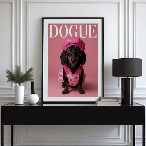 Bold Fashion Dachshund Wall Art art print highlighted by pink and black details for modern spaces