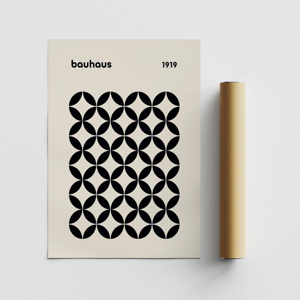 Mid century wall print displaying Bauhaus-style geometry in black and beige.