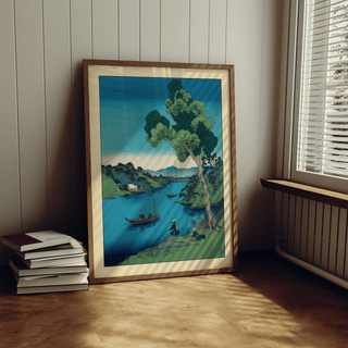 Japanese coastal landscape poster with small fishing boats