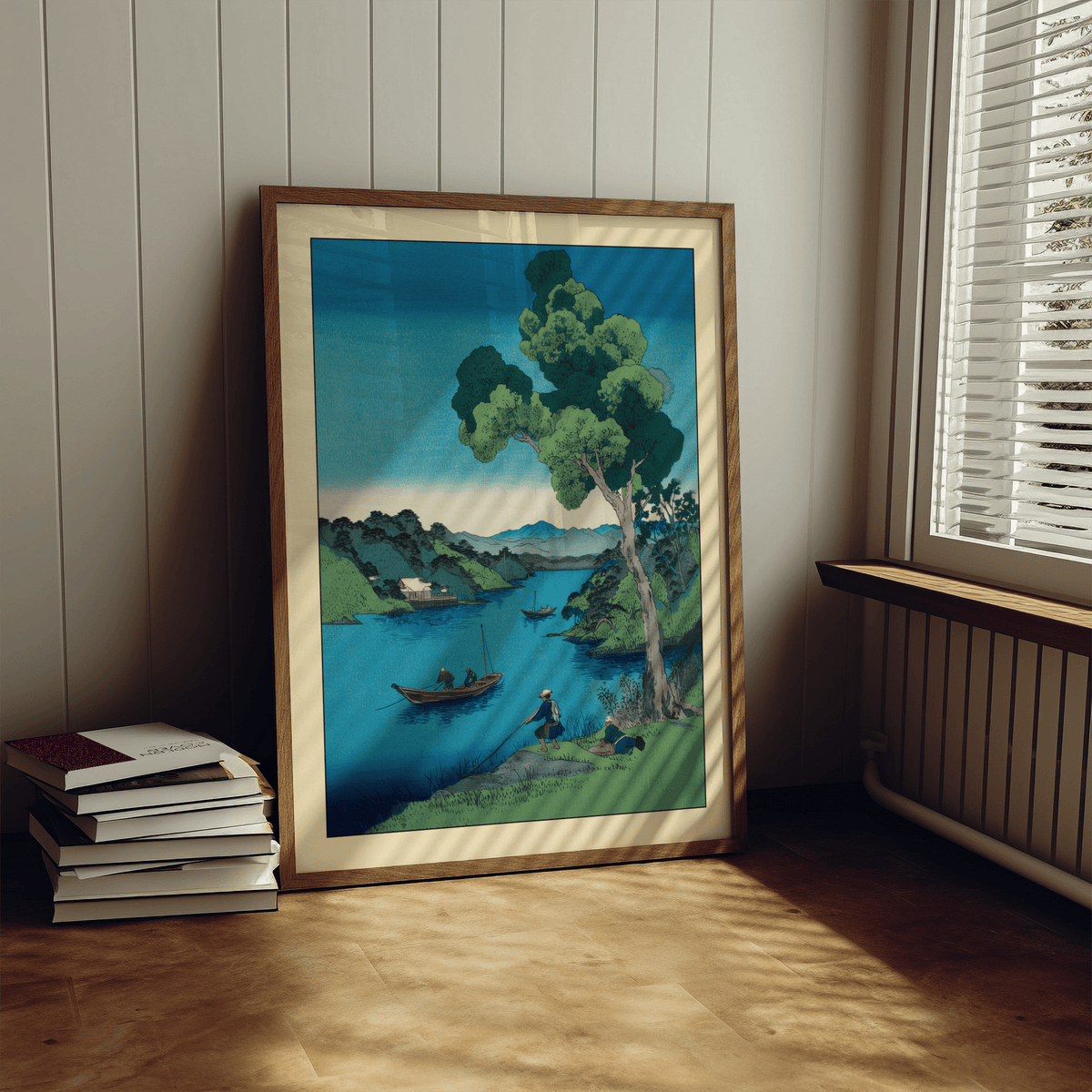 Japanese coastal landscape poster with small fishing boats