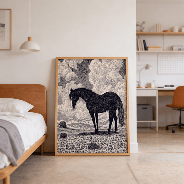 Graphic vertical art of horse figure with hatching and dots