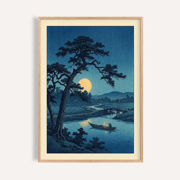 Foreground pine framing moonlit river poster with small boat and lantern