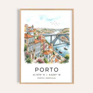 Overview of Porto City Art Print poster showing bridge, river, hillside buildings, and “PORTO” text