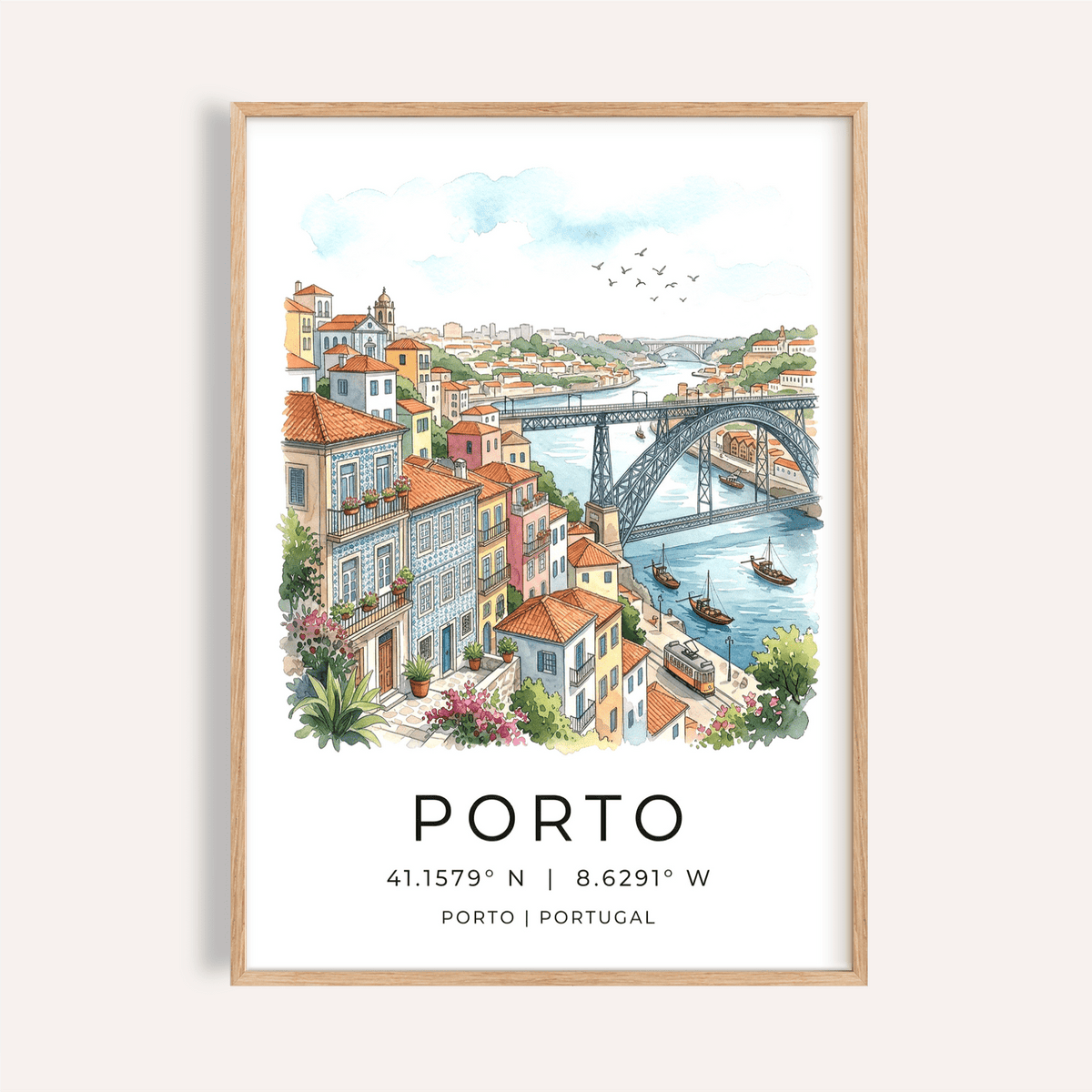 Overview of Porto City Art Print poster showing bridge, river, hillside buildings, and “PORTO” text