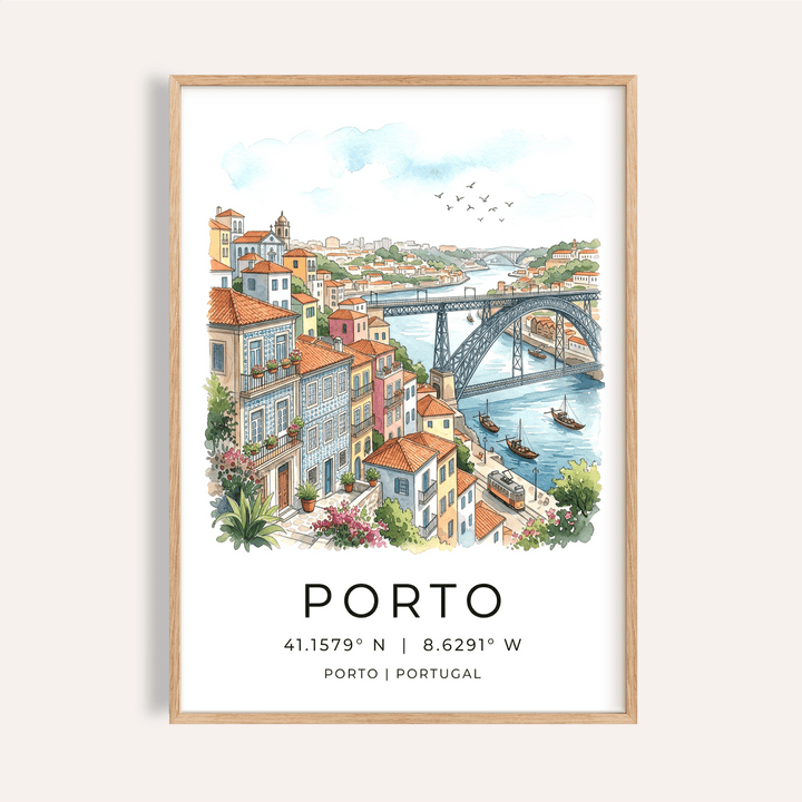 Overview of Porto City Art Print poster showing bridge, river, hillside buildings, and “PORTO” text