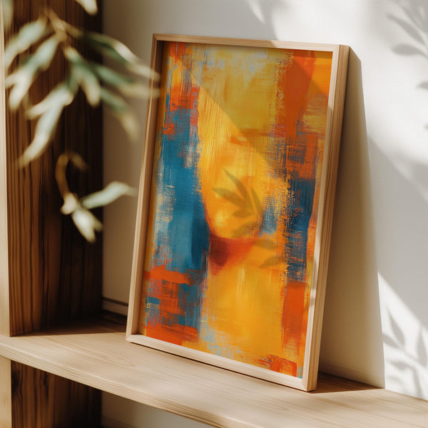 Abstract face composition in blue and orange abstract art print with a modern edge.