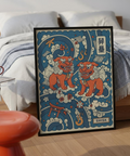 Graphic Japanese Shisa Art Print with flame motifs and kanji panel