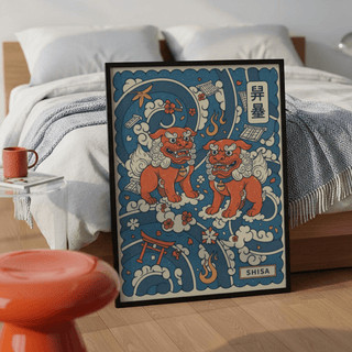 Graphic Japanese Shisa Art Print with flame motifs and kanji panel