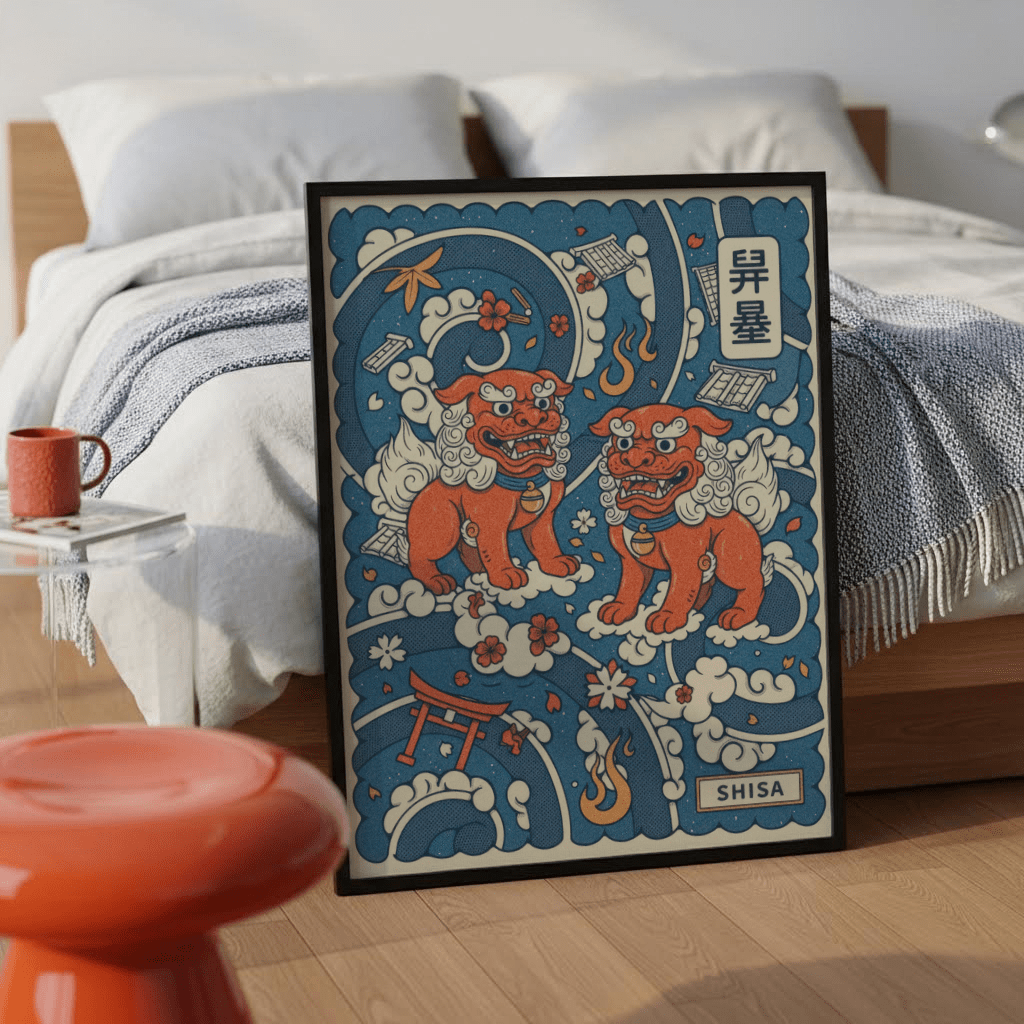 Graphic Japanese Shisa Art Print with flame motifs and kanji panel