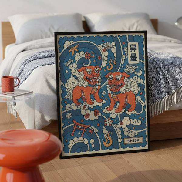 Graphic Japanese Shisa Art Print with flame motifs and kanji panel