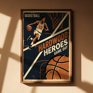 Graphic basketball wall art poster with Hardwood Heroes and Game Day lettering