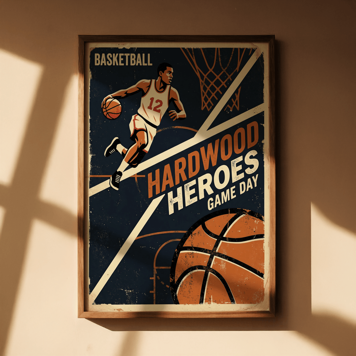 Graphic basketball wall art poster with Hardwood Heroes and Game Day lettering
