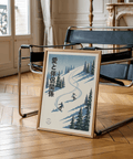 Snowboarding Wall Art featuring White snow and Green trees in home office, poster