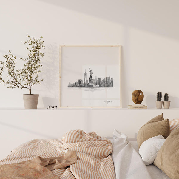 New York City skyline with Statue of Liberty print square art design