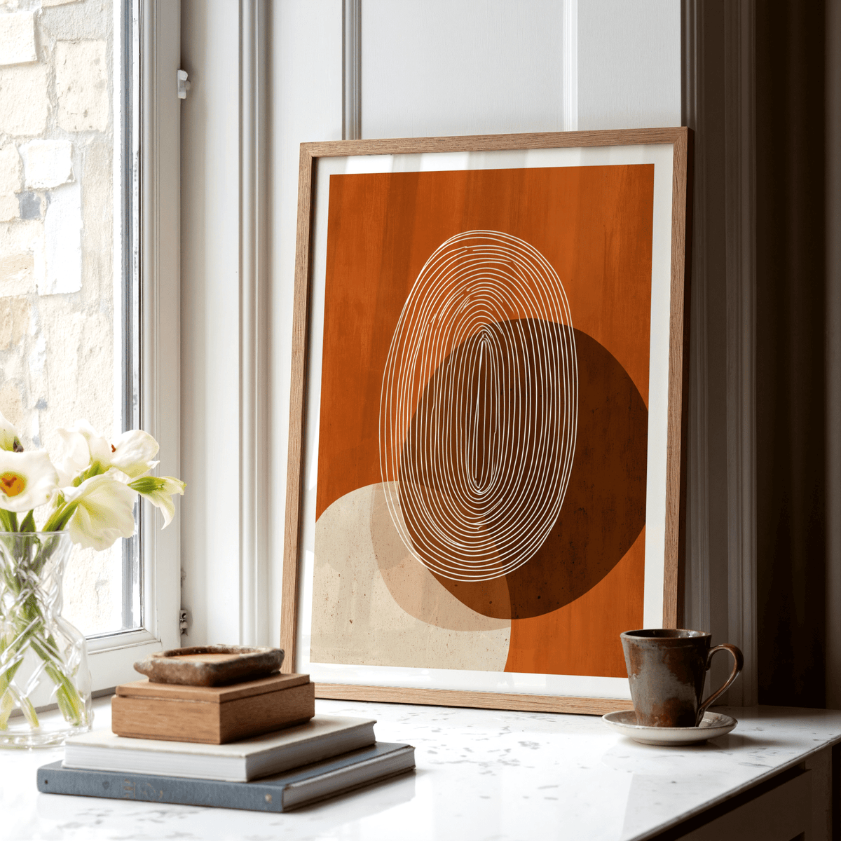 Modern Geometric Print with central oval contour lines and layered blocks