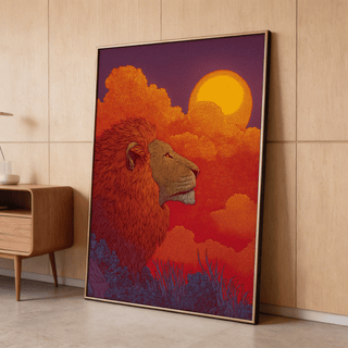 Detailed lion portrait wall art with spiral cloud background and grass foreground