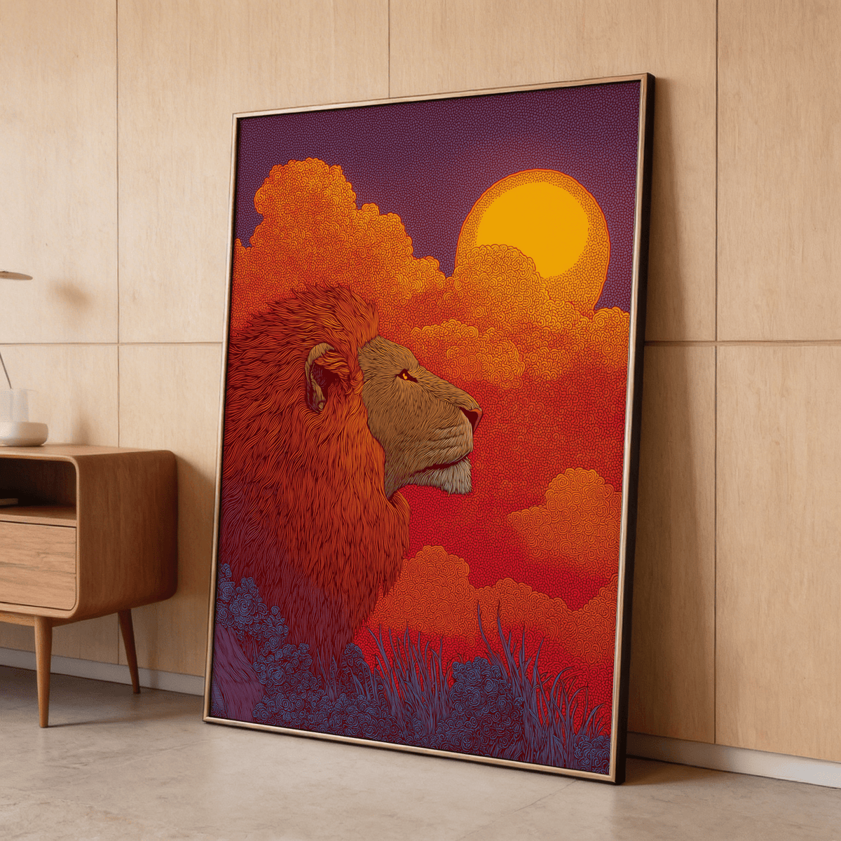 Detailed lion portrait wall art with spiral cloud background and grass foreground