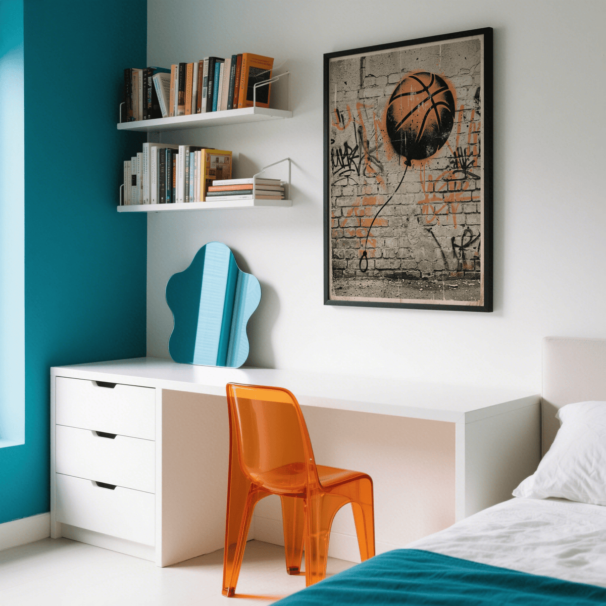 Modern Basketball Graffiti Art Print wall poster in Orange, Gray, Black with dripped paint accents