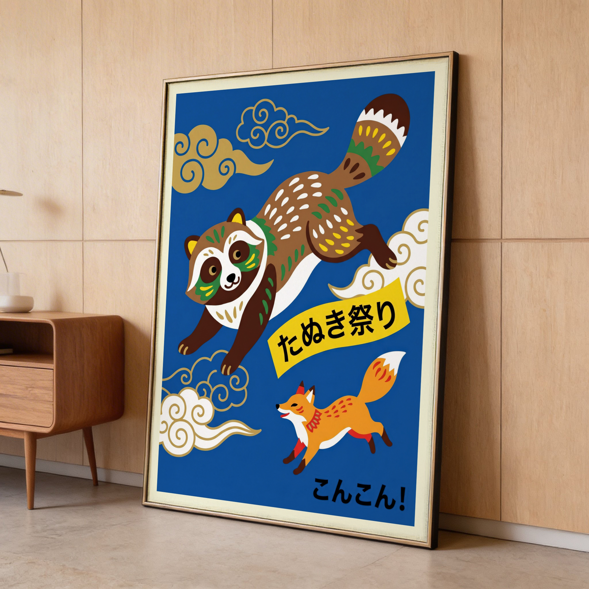 Depicting a tanuki mid-leap above a fox, Japanese Animal Art Print poster in flat graphic style