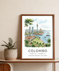 Illustrated coastal skyline poster featuring Colombo with birds over water and city towers