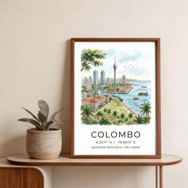 Illustrated coastal skyline poster featuring Colombo with birds over water and city towers